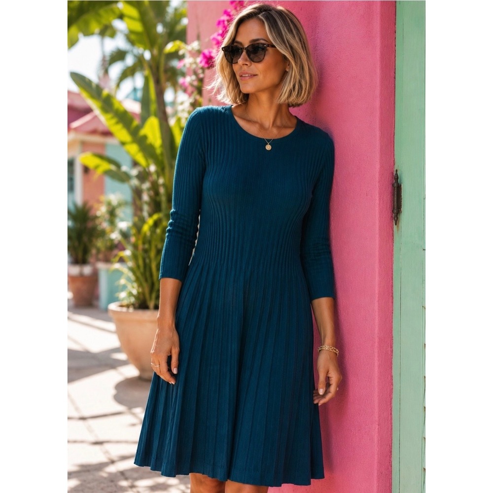 Eileen Fisher Teal Blue 100% Wool Ribbed Knit 3/4 Sleeve Sweater Dress XS